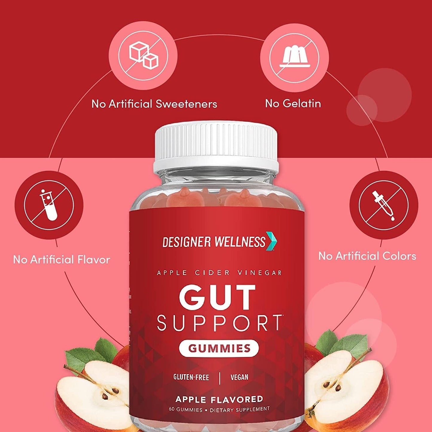 Designer Wellness, Apple Cider Vinegar, Gut Support Gummies with The Mother, Gluten-Free, Vegan, Natural Apple Flavor, 60 Count