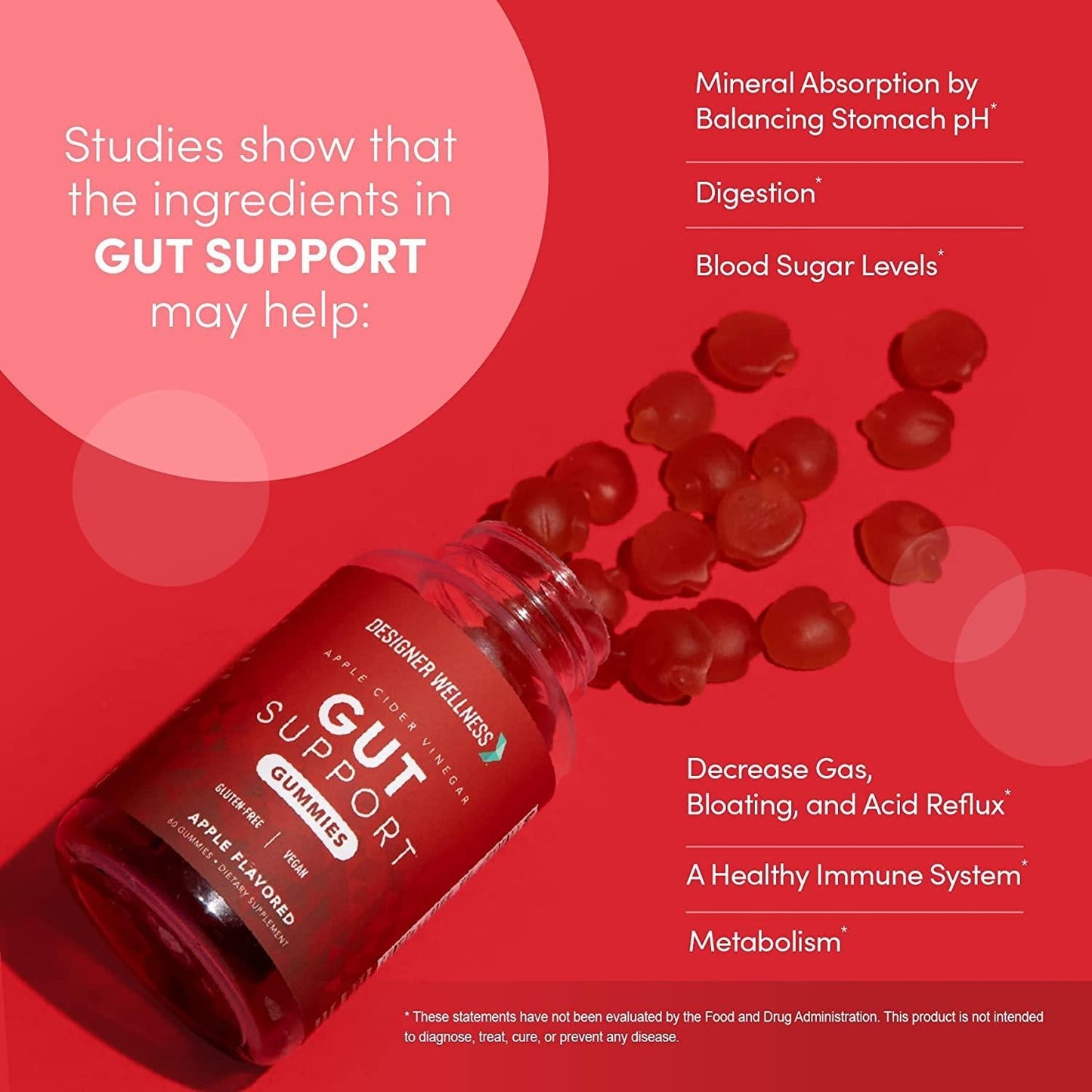 Designer Wellness, Apple Cider Vinegar, Gut Support Gummies with The Mother, Gluten-Free, Vegan, Natural Apple Flavor, 60 Count