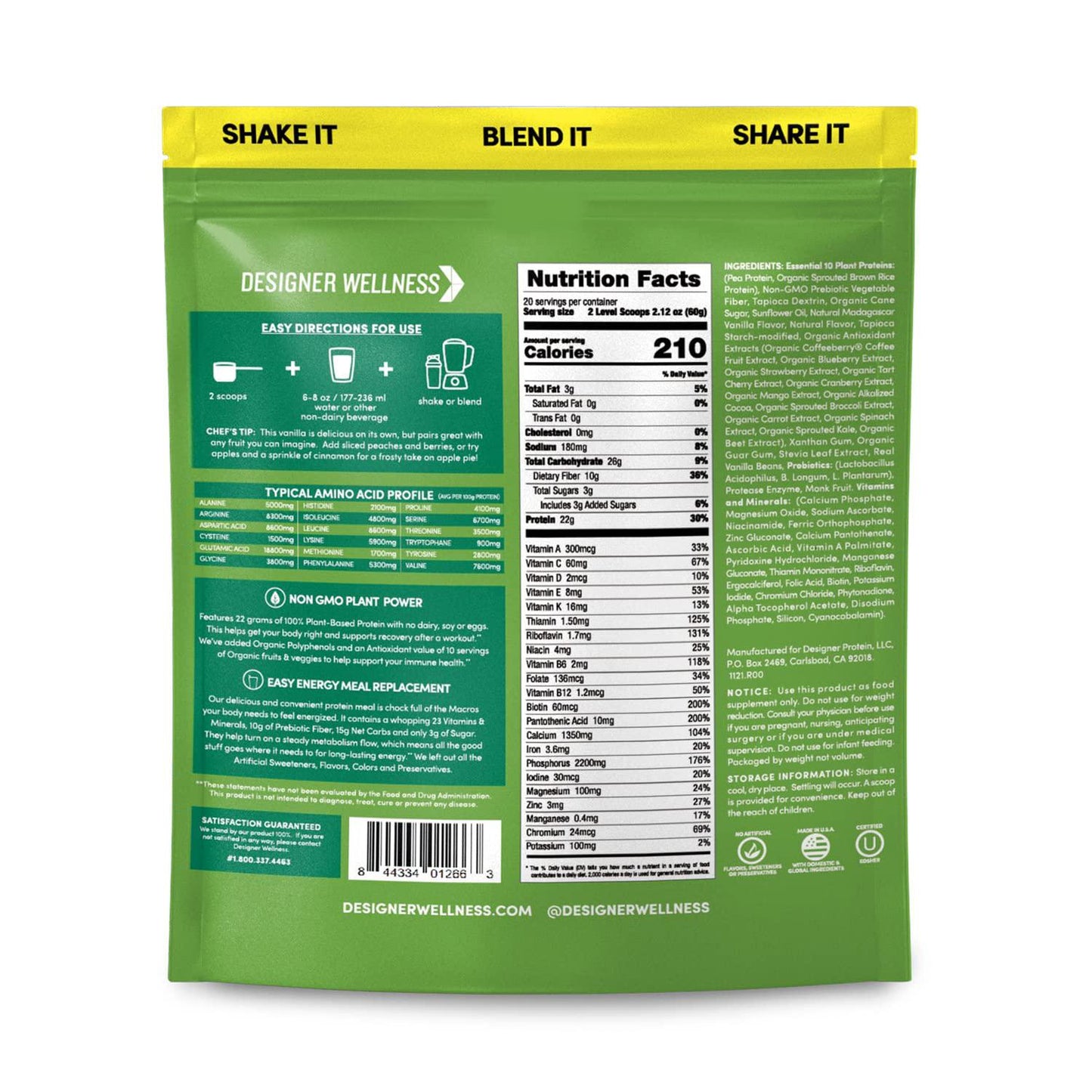 Designer Wellness, Designer Plant Meal Replacement, Pea Protein and Organic Sprouted Rice Protein Powder with Vitamins, Minerals, Healthy Fats, and Antioxidants, Madagascar Vanilla, 2.64 Pounds