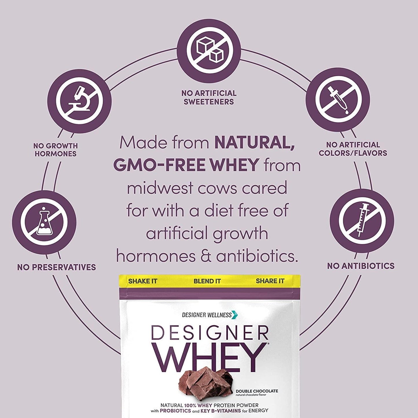 Designer Wellness Designer Whey Natural 100% Whey Protein Powder with Probiotics, Fiber, and Key B-Vitamins for Energy, Gluten-free, Non-GMO, Double Chocolate 2 lb