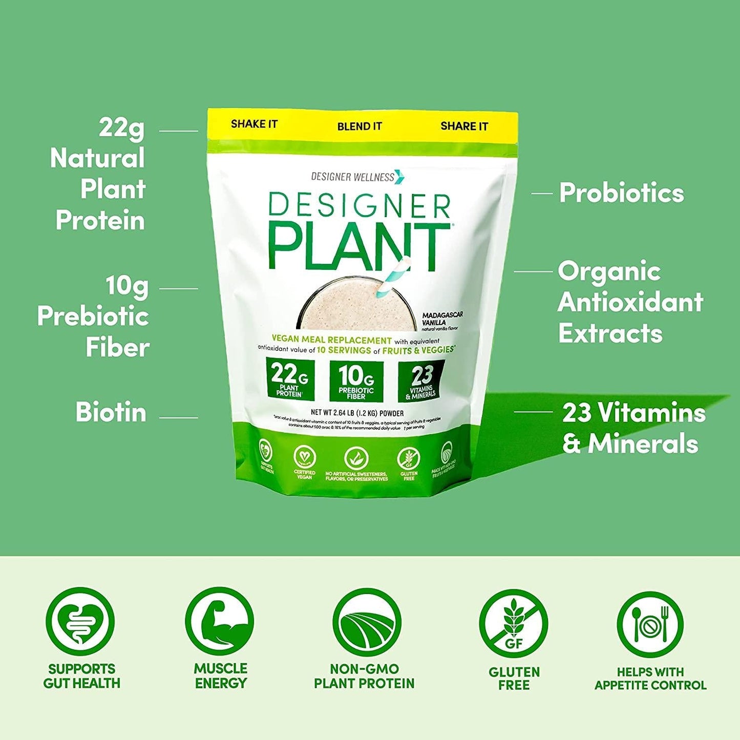 Designer Wellness, Designer Plant Meal Replacement, Pea Protein and Organic Sprouted Rice Protein Powder with Vitamins, Minerals, Healthy Fats, and Antioxidants, Madagascar Vanilla, 2.64 Pounds
