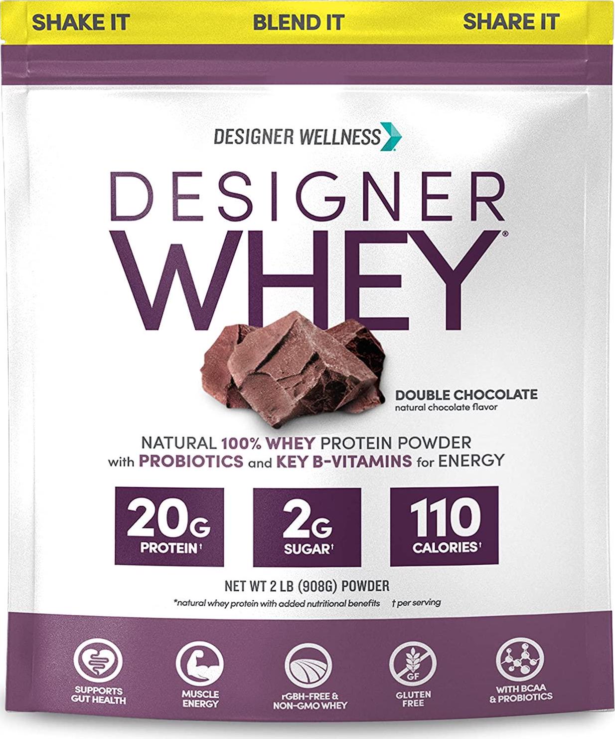 Designer Wellness Designer Whey Natural 100% Whey Protein Powder with Probiotics, Fiber, and Key B-Vitamins for Energy, Gluten-free, Non-GMO, Double Chocolate 2 lb