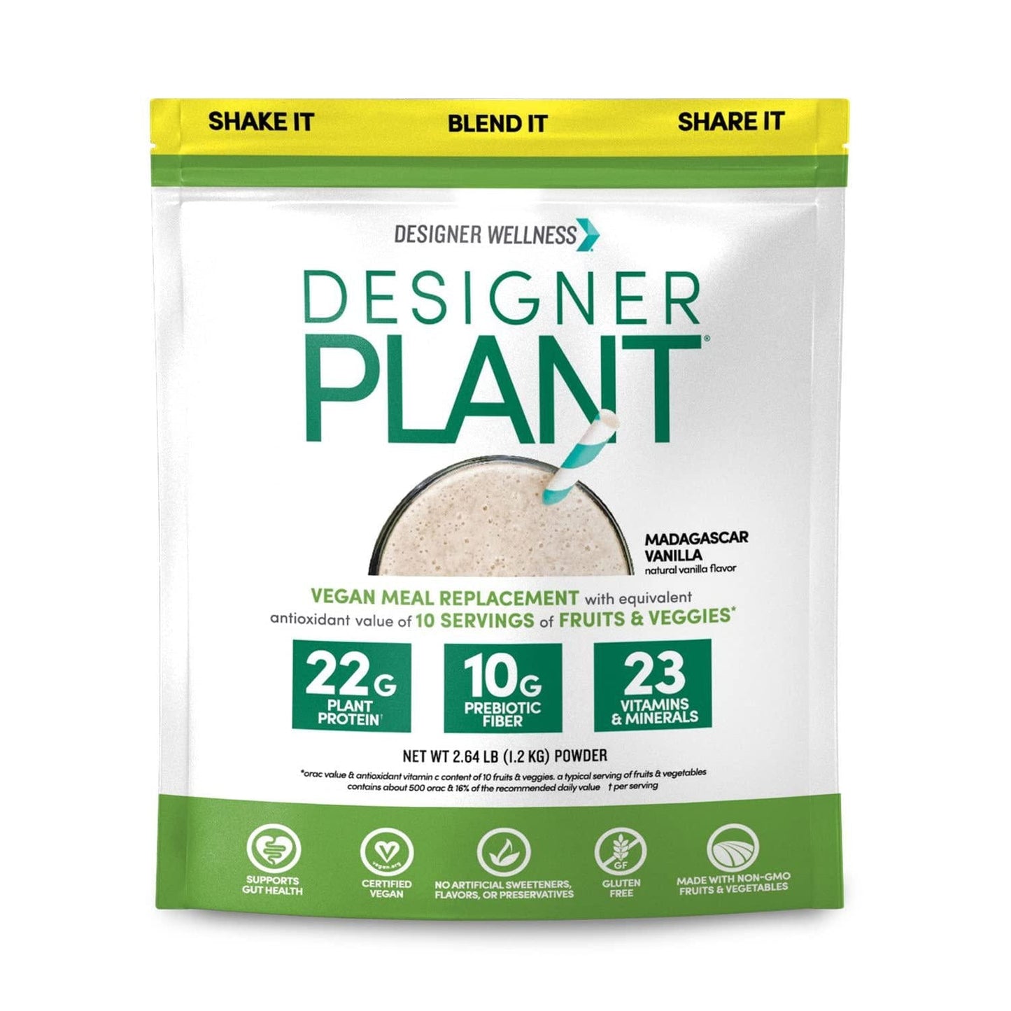 Designer Wellness, Designer Plant Meal Replacement, Pea Protein and Organic Sprouted Rice Protein Powder with Vitamins, Minerals, Healthy Fats, and Antioxidants, Madagascar Vanilla, 2.64 Pounds