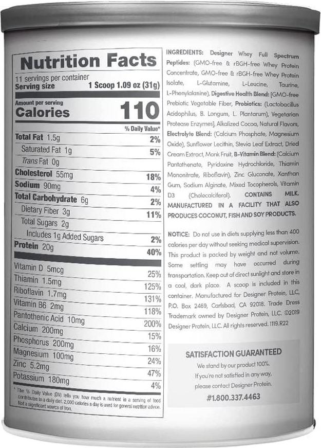Designer Wellness Designer Whey Natural 100% Whey Protein Powder with Probiotics , Fiber, and Key B-Vitamins for Energy, Gluten-free, Non-GMO, French Vanilla 12 oz