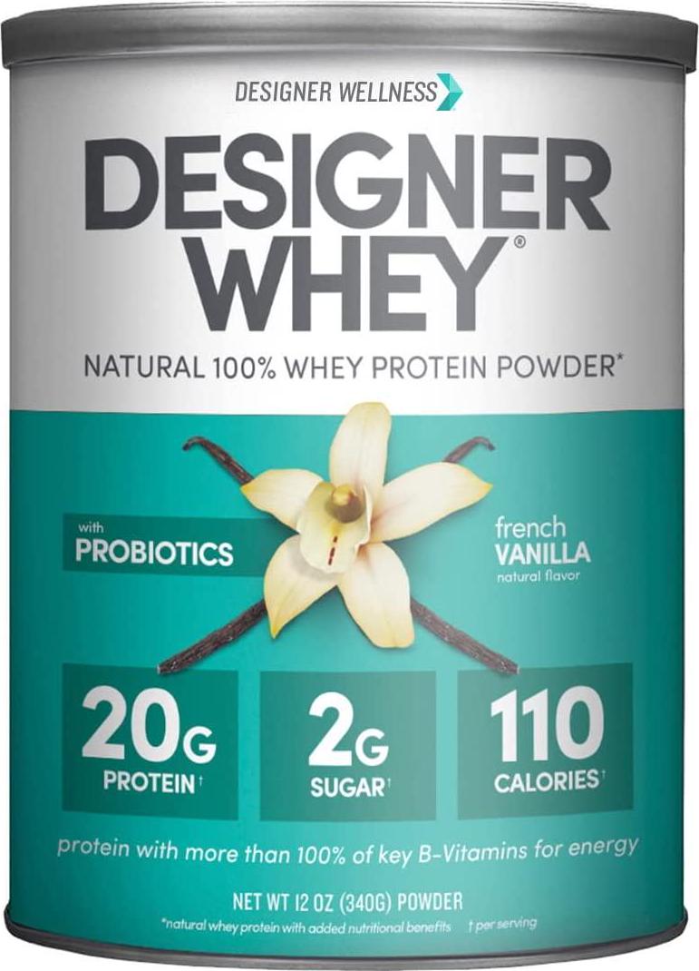 Designer Wellness Designer Whey Natural 100% Whey Protein Powder with Probiotics , Fiber, and Key B-Vitamins for Energy, Gluten-free, Non-GMO, French Vanilla 12 oz