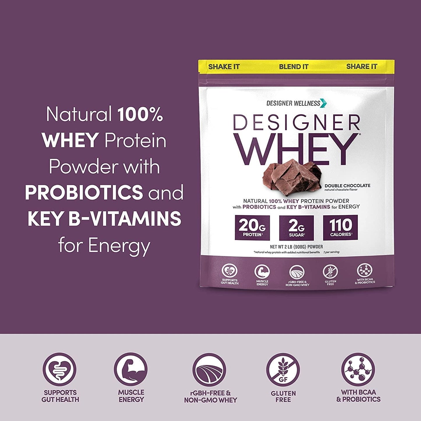 Designer Wellness Designer Whey Natural 100% Whey Protein Powder with Probiotics, Fiber, and Key B-Vitamins for Energy, Gluten-free, Non-GMO, Double Chocolate 2 lb