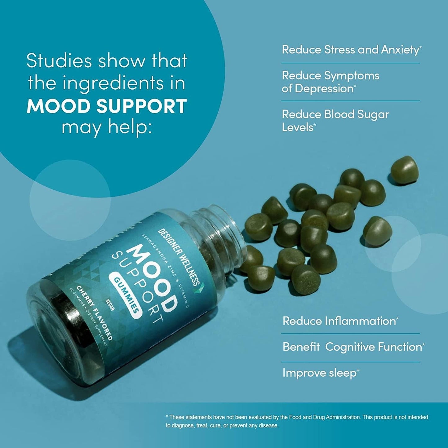 Designer Wellness, Mood Support Gummies with Ashwagandha, Zinc, and Vitamin D, Vegan, Non-GMO, Cherry Flavor, 60 Count