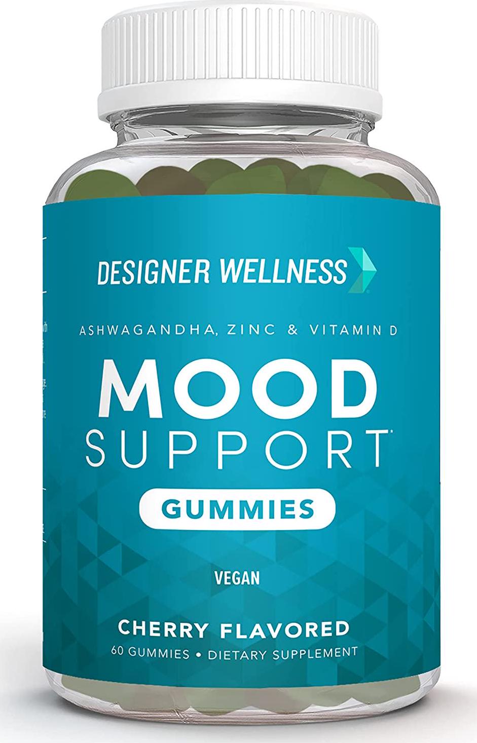 Designer Wellness, Mood Support Gummies with Ashwagandha, Zinc, and Vitamin D, Vegan, Non-GMO, Cherry Flavor, 60 Count