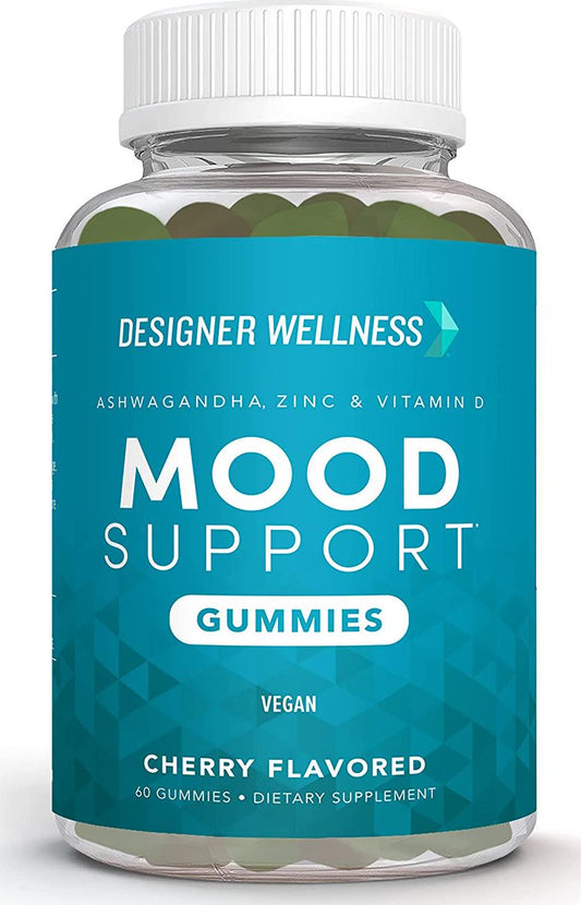 Designer Wellness, Mood Support Gummies with Ashwagandha, Zinc, and Vitamin D, Vegan, Non-GMO, Cherry Flavor, 60 Count