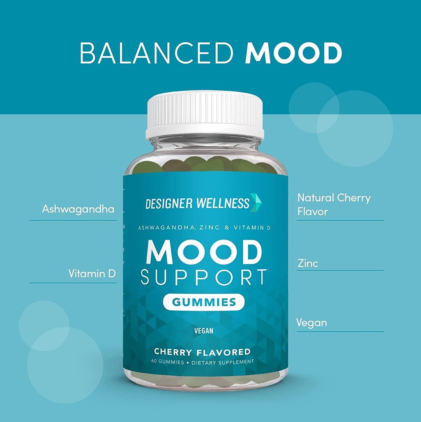 Designer Wellness, Mood Support Gummies with Ashwagandha, Zinc, and Vitamin D, Vegan, Non-GMO, Cherry Flavor, 60 Count