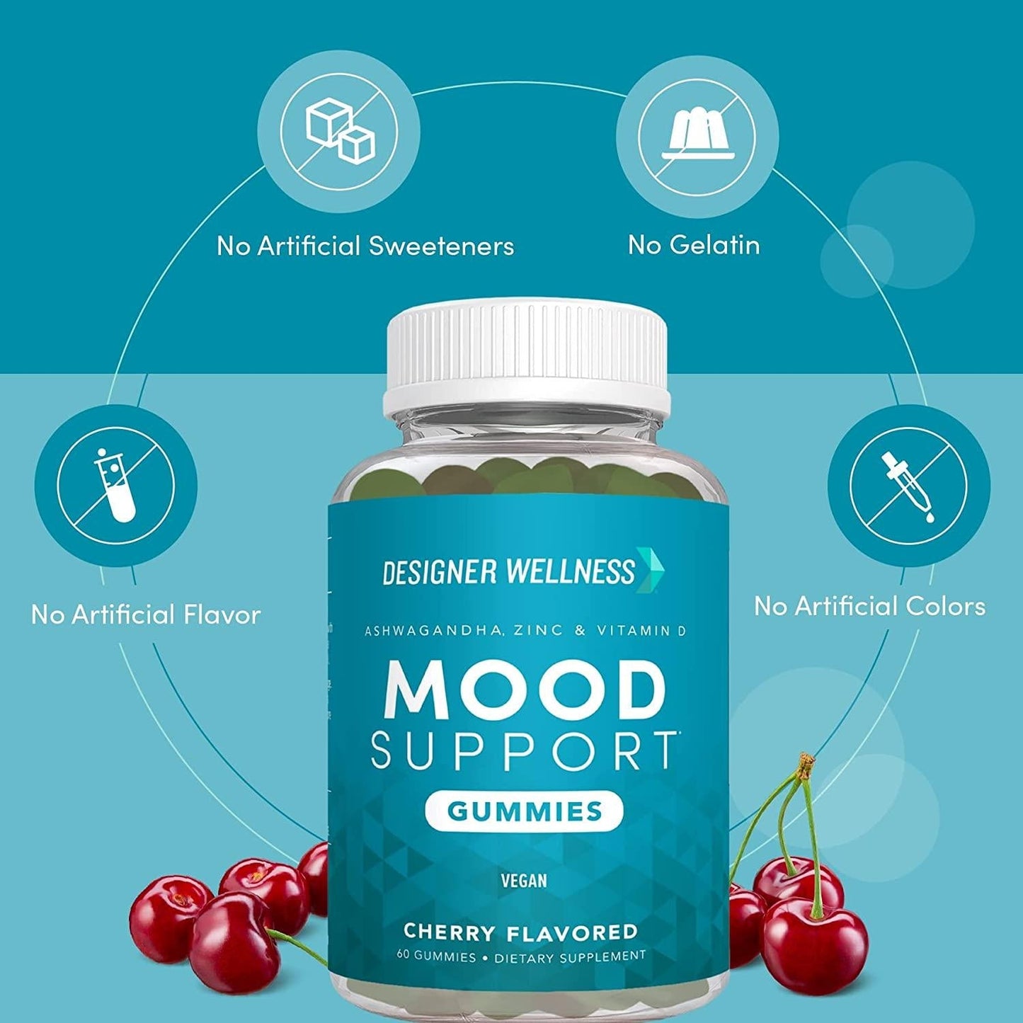 Designer Wellness, Mood Support Gummies with Ashwagandha, Zinc, and Vitamin D, Vegan, Non-GMO, Cherry Flavor, 60 Count