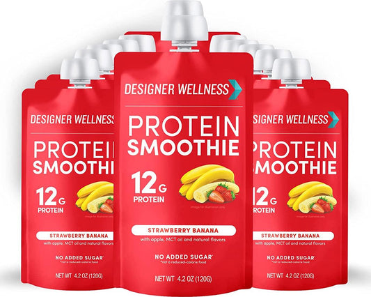 Designer Wellness Protein Smoothie, Real Fruit, 12g Protein, Low Carb, Zero Added Sugar, Gluten-Free, Non-GMO, No Artificial Colors or Flavors, Strawberry Banana, 12 Count