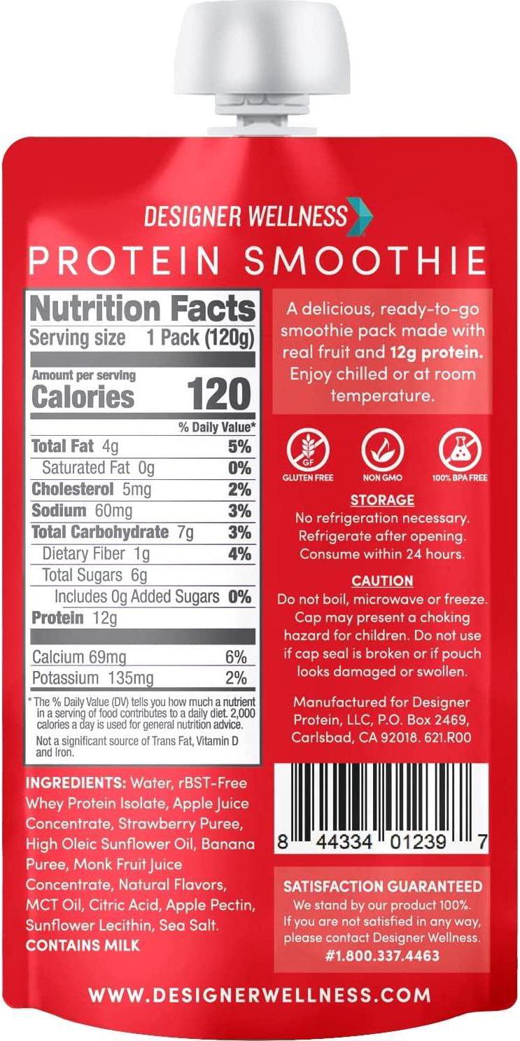 Designer Wellness Protein Smoothie, Real Fruit, 12g Protein, Low Carb, Zero Added Sugar, Gluten-Free, Non-GMO, No Artificial Colors or Flavors, Strawberry Banana, 12 Count