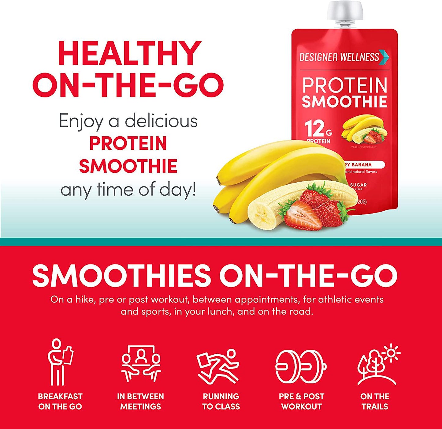 Designer Wellness Protein Smoothie, Real Fruit, 12g Protein, Low Carb, Zero Added Sugar, Gluten-Free, Non-GMO, No Artificial Colors or Flavors, Strawberry Banana, 12 Count