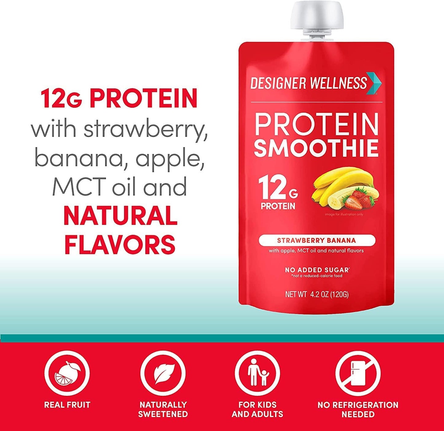 Designer Wellness Protein Smoothie, Real Fruit, 12g Protein, Low Carb, Zero Added Sugar, Gluten-Free, Non-GMO, No Artificial Colors or Flavors, Strawberry Banana, 12 Count