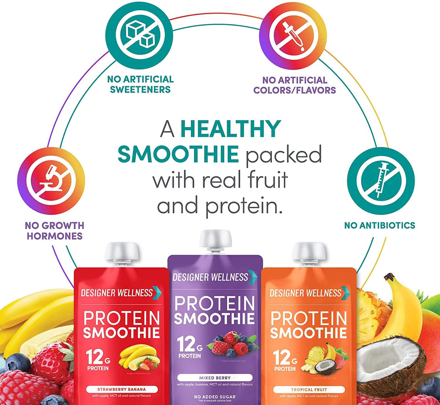 Designer Wellness Protein Smoothie, Real Fruit, 12g Protein, Low Carb, Zero Added Sugar, Gluten-Free, Non-GMO, No Artificial Colors or Flavors, Variety Pack, 12 Count