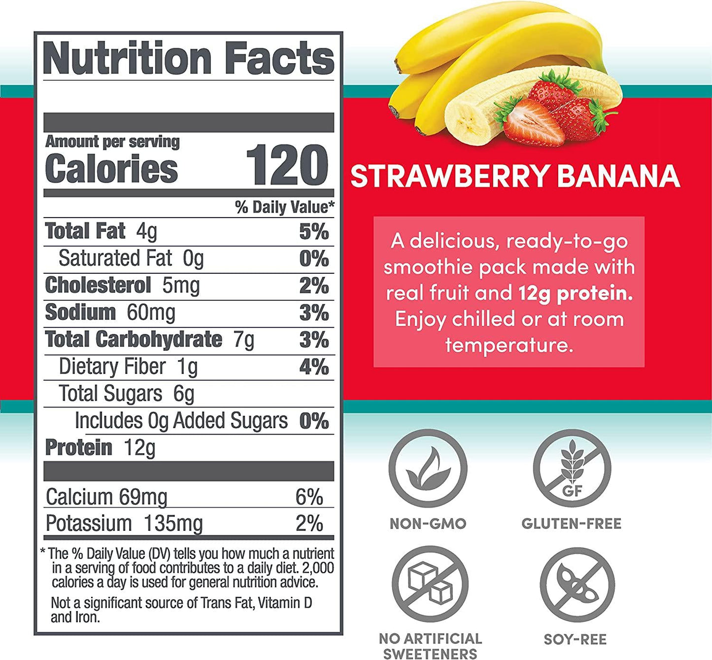 Designer Wellness Protein Smoothie, Real Fruit, 12g Protein, Low Carb, Zero Added Sugar, Gluten-Free, Non-GMO, No Artificial Colors or Flavors, Strawberry Banana, 12 Count