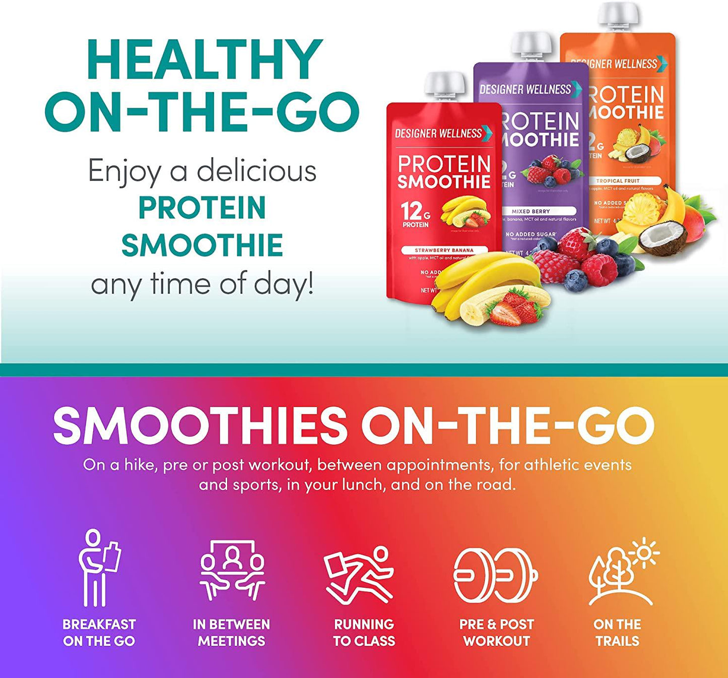 Designer Wellness Protein Smoothie, Real Fruit, 12g Protein, Low Carb, Zero Added Sugar, Gluten-Free, Non-GMO, No Artificial Colors or Flavors, Variety Pack, 12 Count