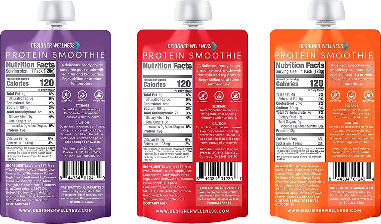 Designer Wellness Protein Smoothie, Real Fruit, 12g Protein, Low Carb, Zero Added Sugar, Gluten-Free, Non-GMO, No Artificial Colors or Flavors, Variety Pack, 12 Count
