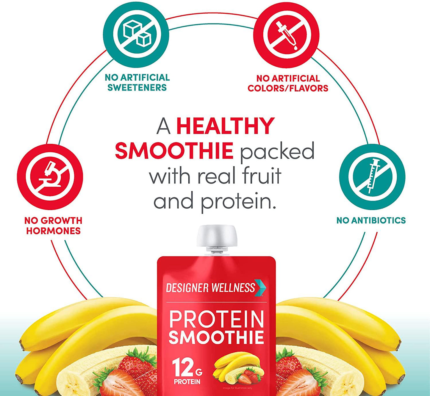 Designer Wellness Protein Smoothie, Real Fruit, 12g Protein, Low Carb, Zero Added Sugar, Gluten-Free, Non-GMO, No Artificial Colors or Flavors, Strawberry Banana, 12 Count