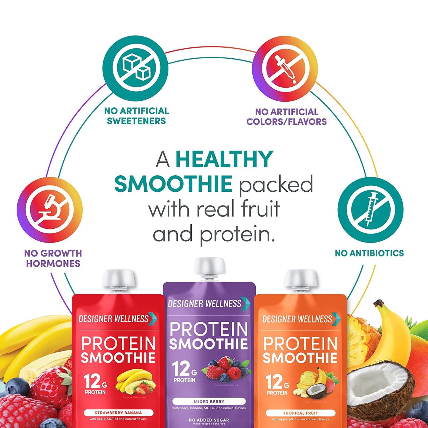Designer Wellness Protein Smoothie, Real Fruit, 12g Protein, Low Carb, Zero Added Sugar, Gluten-Free, Non-GMO, No Artificial Colors or Flavors, Variety Pack, 12 Count
