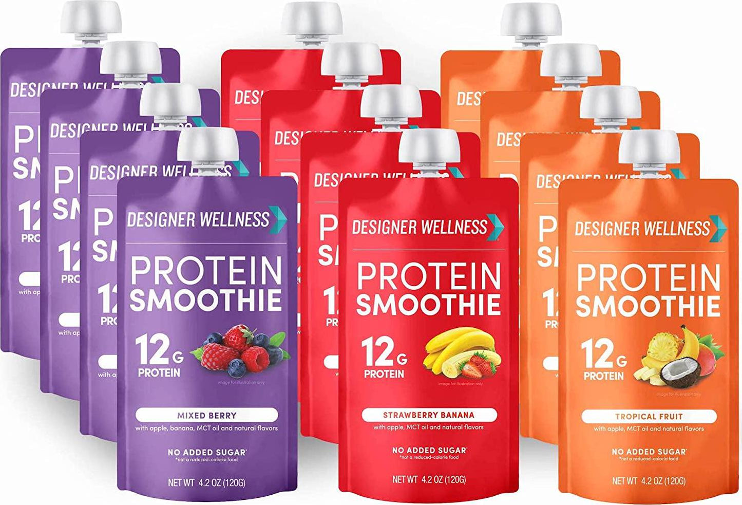 Designer Wellness Protein Smoothie, Real Fruit, 12g Protein, Low Carb, Zero Added Sugar, Gluten-Free, Non-GMO, No Artificial Colors or Flavors, Variety Pack, 12 Count