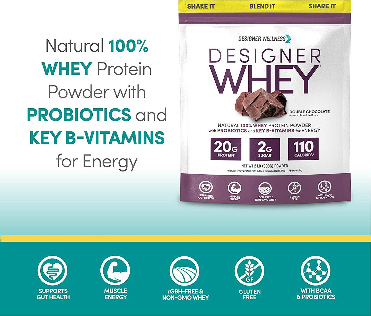 Designer Whey Premium Natural 100% Whey Protein, Double Chocolate, 32 Ounce