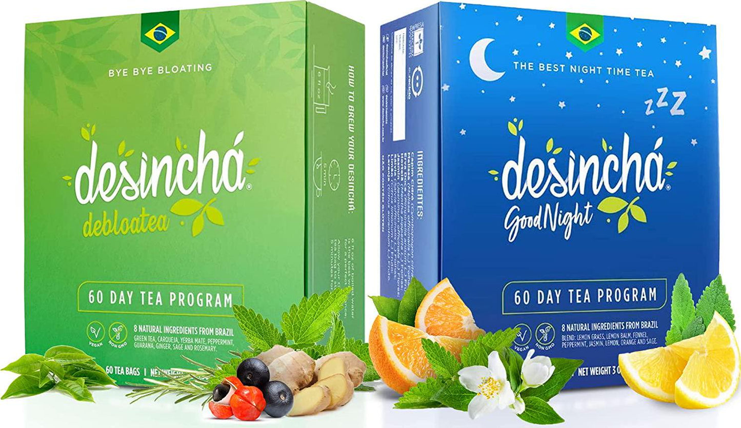 Desincha - Night Time Tea I Caffeine Free 60 Count and Debloatea I Ginger and Peppermint 60 Count