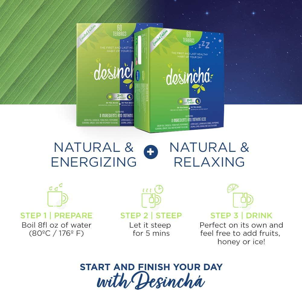 Desincha Tea Mix - Day and Night Time Tea I May Increase Energy, Supports Mental Focus and Metabolic Health I Helps Improve Digestion and May Reduce Bloating I 8 Natural Ingredients I 60 Day Supply