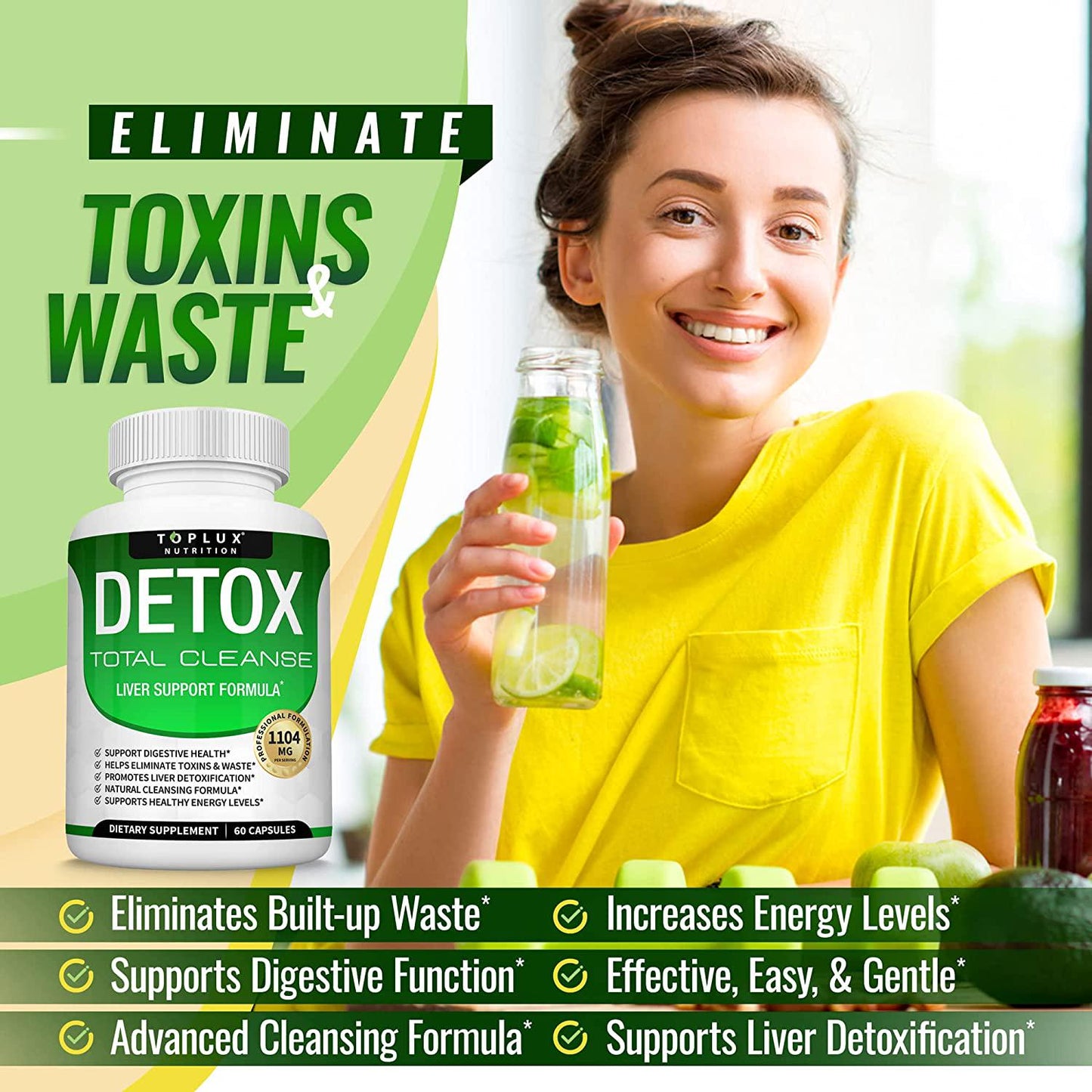 Detox Cleanse Liver Colon Cleanser Body Detoxifier - Natural 5 Day Detox, Support Digestion System, Flush Toxins and Urinary Tract, Milk Thistle Extract, for Men Women, 60 Capsules, Toplux Nutrition