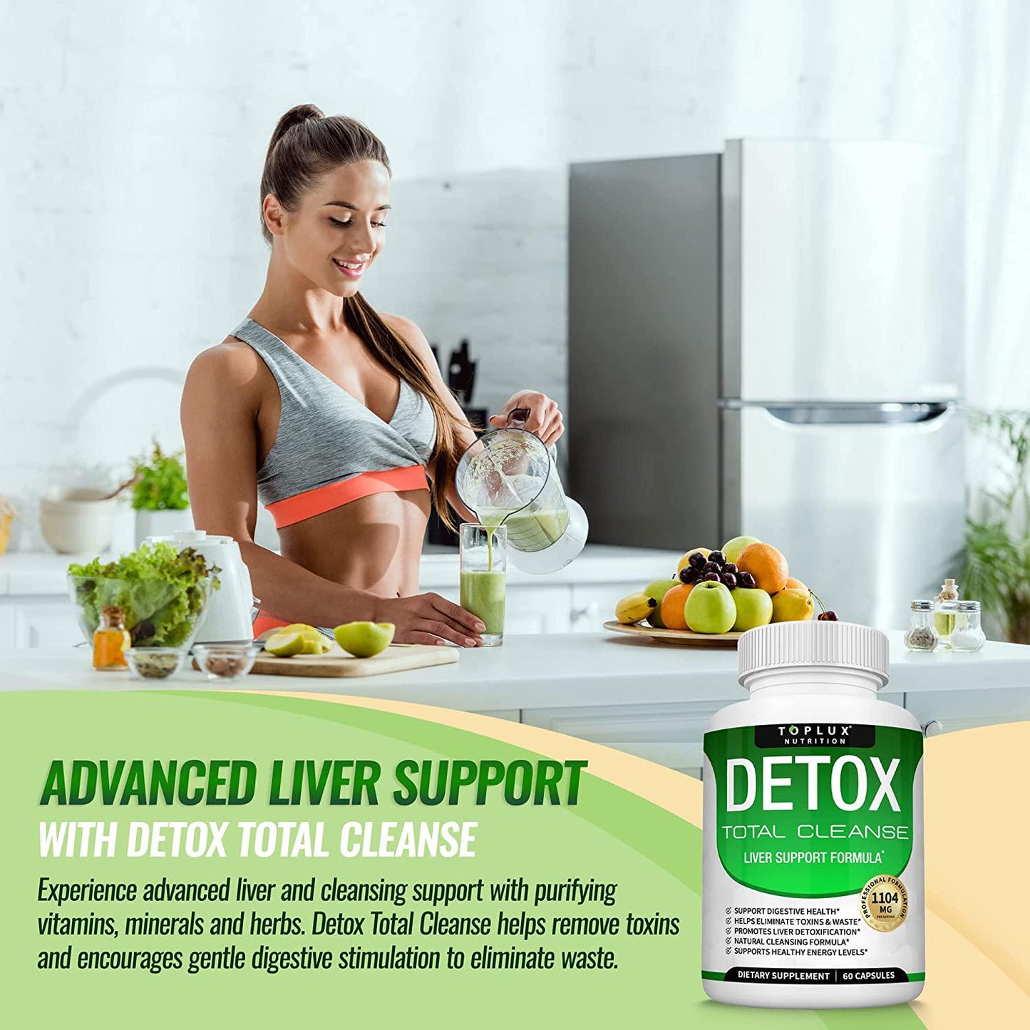 Detox Cleanse Liver Colon Cleanser Body Detoxifier - Natural 5 Day Detox, Support Digestion System, Flush Toxins and Urinary Tract, Milk Thistle Extract, for Men Women, 60 Capsules, Toplux Nutrition