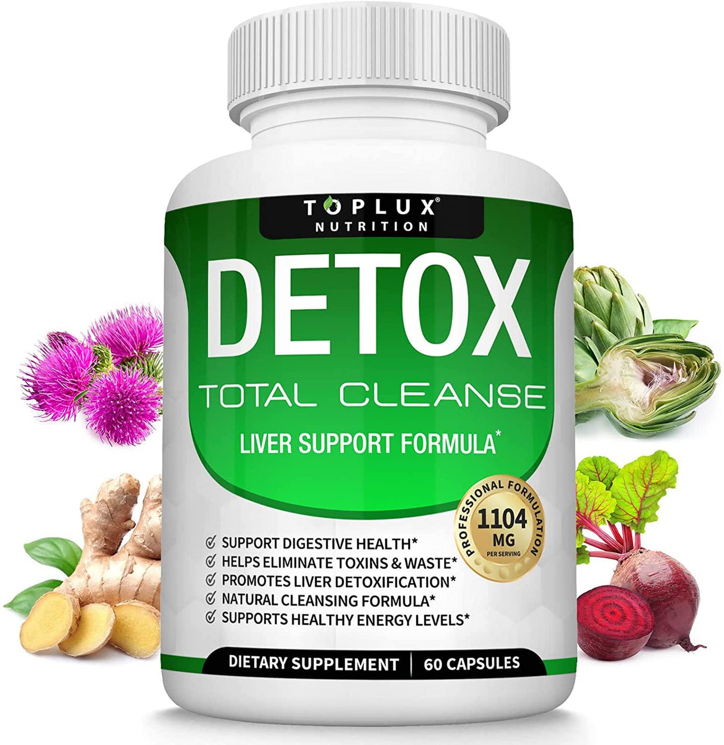 Detox Cleanse Liver Colon Cleanser Body Detoxifier - Natural 5 Day Detox, Support Digestion System, Flush Toxins and Urinary Tract, Milk Thistle Extract, for Men Women, 60 Capsules, Toplux Nutrition