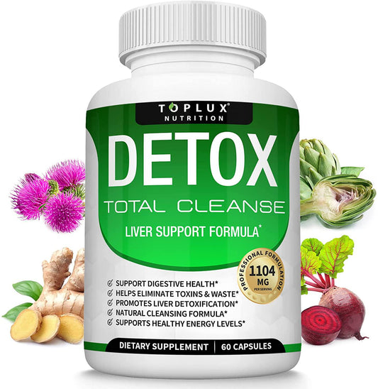 Detox Cleanse Liver Colon Cleanser Body Detoxifier - Natural 5 Day Detox, Support Digestion System, Flush Toxins and Urinary Tract, Milk Thistle Extract, for Men Women, 60 Capsules, Toplux Nutrition
