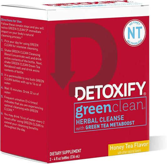 Detoxify Green Clean Herbal Cleanse - Honey Tea Flavor (2) x 4 oz Bottles Professionally Formulated Professionally Herbal Detox Drink Enhanced with Burdock Root Extract and Green Tea Metaboost