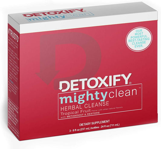 Detoxify Mighty Clean Herbal Cleanse Tropical Fruit Flavor (3) x 8 oz Bottles Professionally Formulated, Great Tasting Herbal Cleanse 4 Factor Full Cleansing System