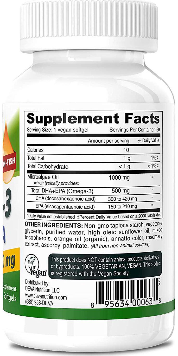 Deva Vegan Omega-3 DHA - EPA 500 mg Potency - Carrageenan Free - Non Fish - from Algae - 60 Vegetarian/Vegan Softgels, Manufactured in The USA**