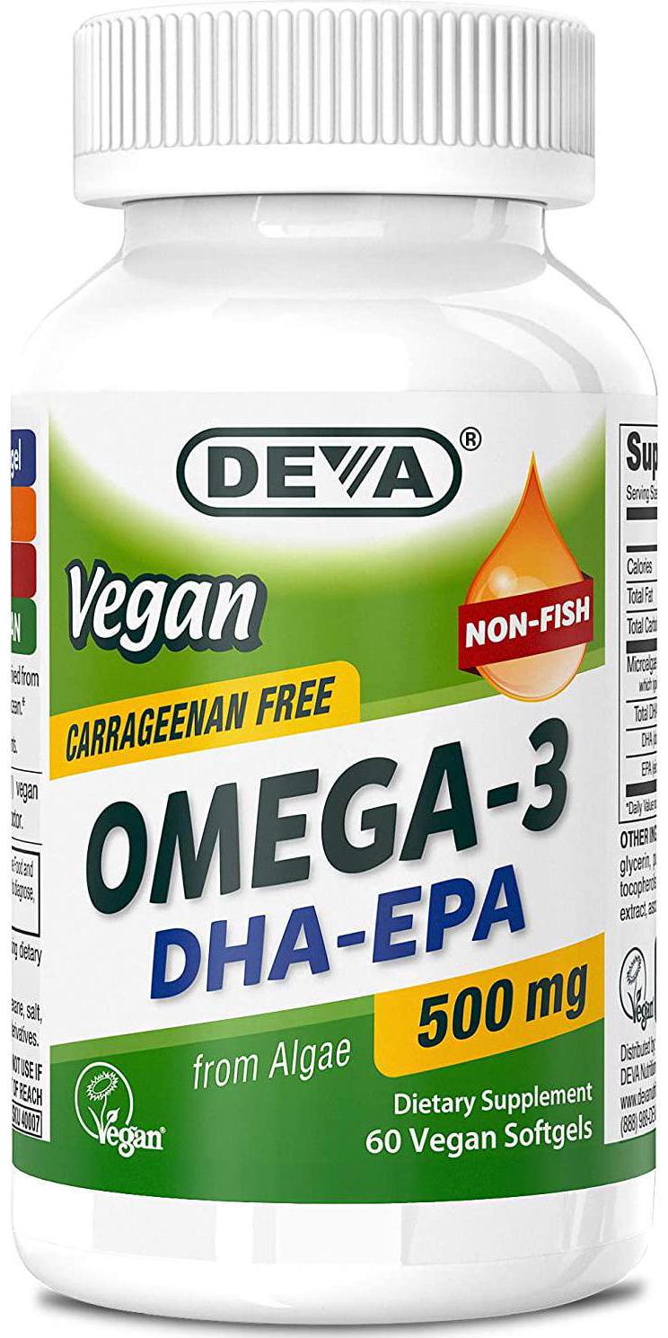 Deva Vegan Omega-3 DHA - EPA 500 mg Potency - Carrageenan Free - Non Fish - from Algae - 60 Vegetarian/Vegan Softgels, Manufactured in The USA**