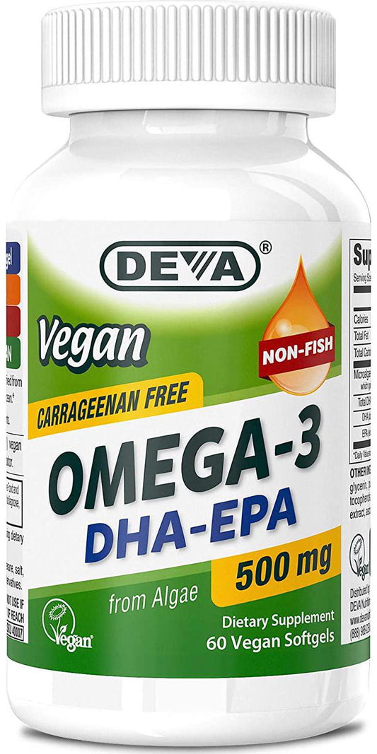 Deva Vegan Omega-3 DHA - EPA 500 mg Potency - Carrageenan Free - Non Fish - from Algae - 60 Vegetarian/Vegan Softgels, Manufactured in The USA**