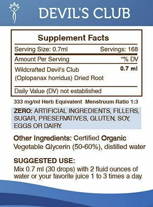 Devil's Club Tincture Alcohol-Free Liquid Extract, Wildcrafted Devil's Club (Oplopanax horridus) Dried Root (4 FL OZ)