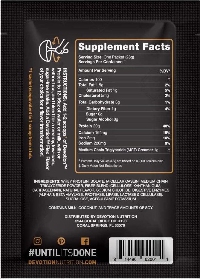 Devotion Nutrition Protein Powder Blend | Gluten Free, Keto Friendly, No Added Sugars | 2g MCTs | 20g Whey and Micellar Protein | 12 Single Serving Packets (Angel Food Cake) Packaging May Vary