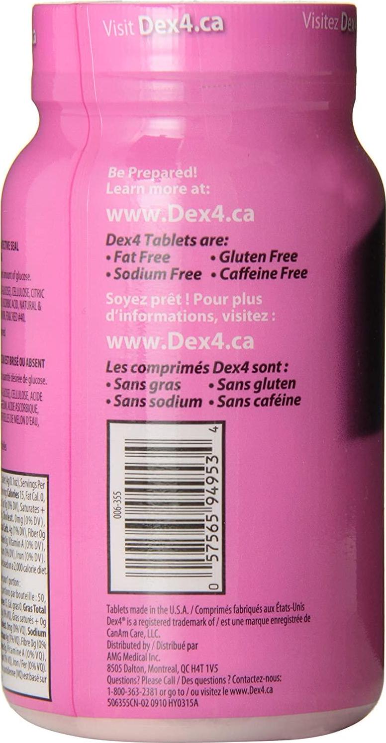 Dex4 Glucose Tablets, Fast Acting Low Blood Sugar Support, Carbohydrate Supplement, Watermelon, 50 Count Bottle