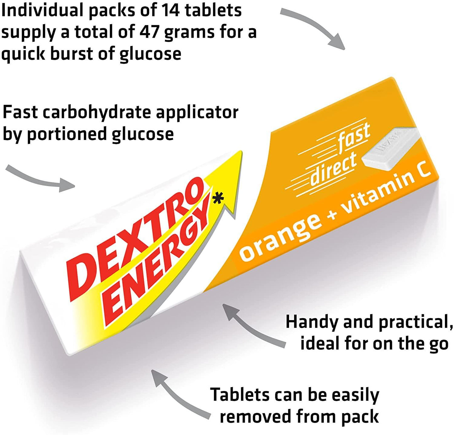 Dextro Energy Orange Glucose Tablets with Vitamin C, 47 g, 24 Packs, Energy Tablets, for a Quick Burst of Glucose