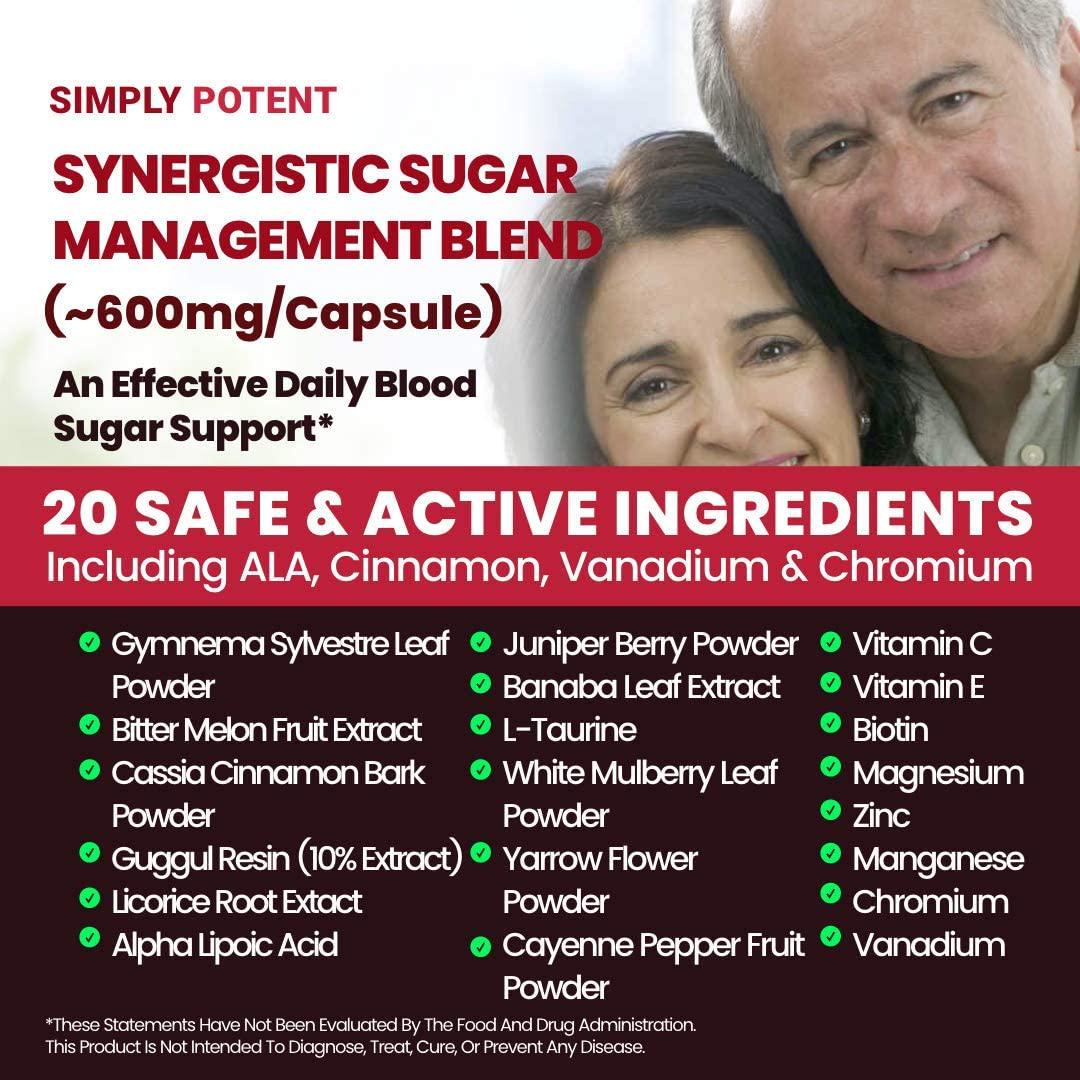 Diabetic Supplement for Natural Blood Sugar Support and Glucose Level Balance, Pre-Diabetes and Diabetes Support w 20 Vitamins and Herbs for Healthy Pancreas Insulin Sensitivity Metabolism for Men and Women