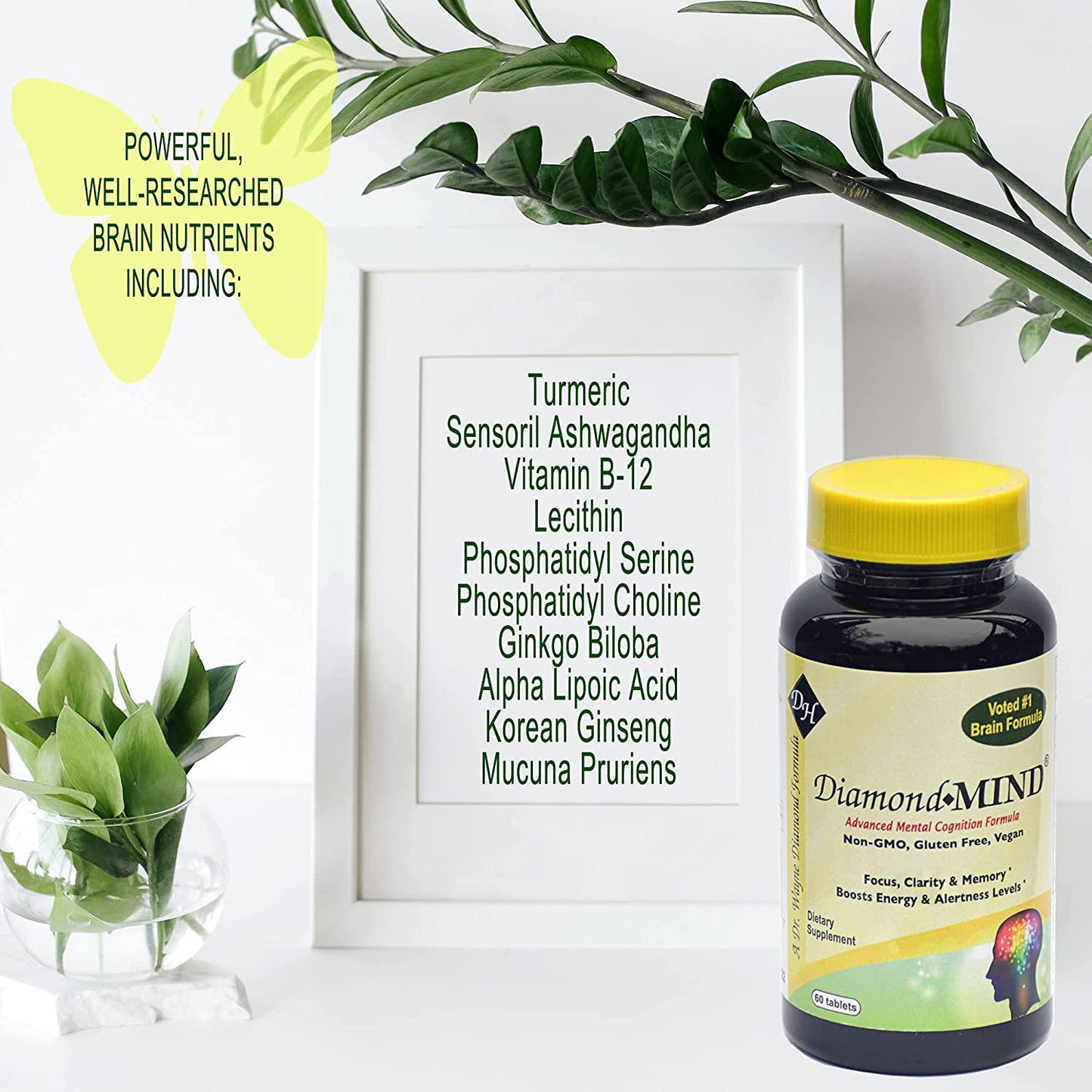 DiamondMIND Brain Support Supplement - Natural Formula to Support Mental Energy and Cognitive Function - Focus, Clarity, and Memory Support Supplement - Vegan, Gluten-Free, Dairy-Free - (60 Count)