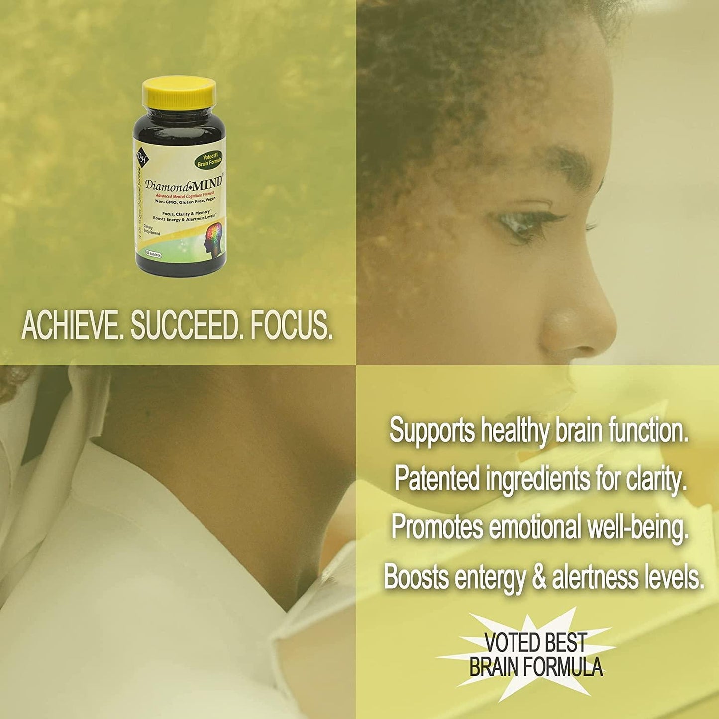 DiamondMIND Brain Support Supplement - Natural Formula to Support Mental Energy and Cognitive Function - Focus, Clarity, and Memory Support Supplement - Vegan, Gluten-Free, Dairy-Free - (60 Count)