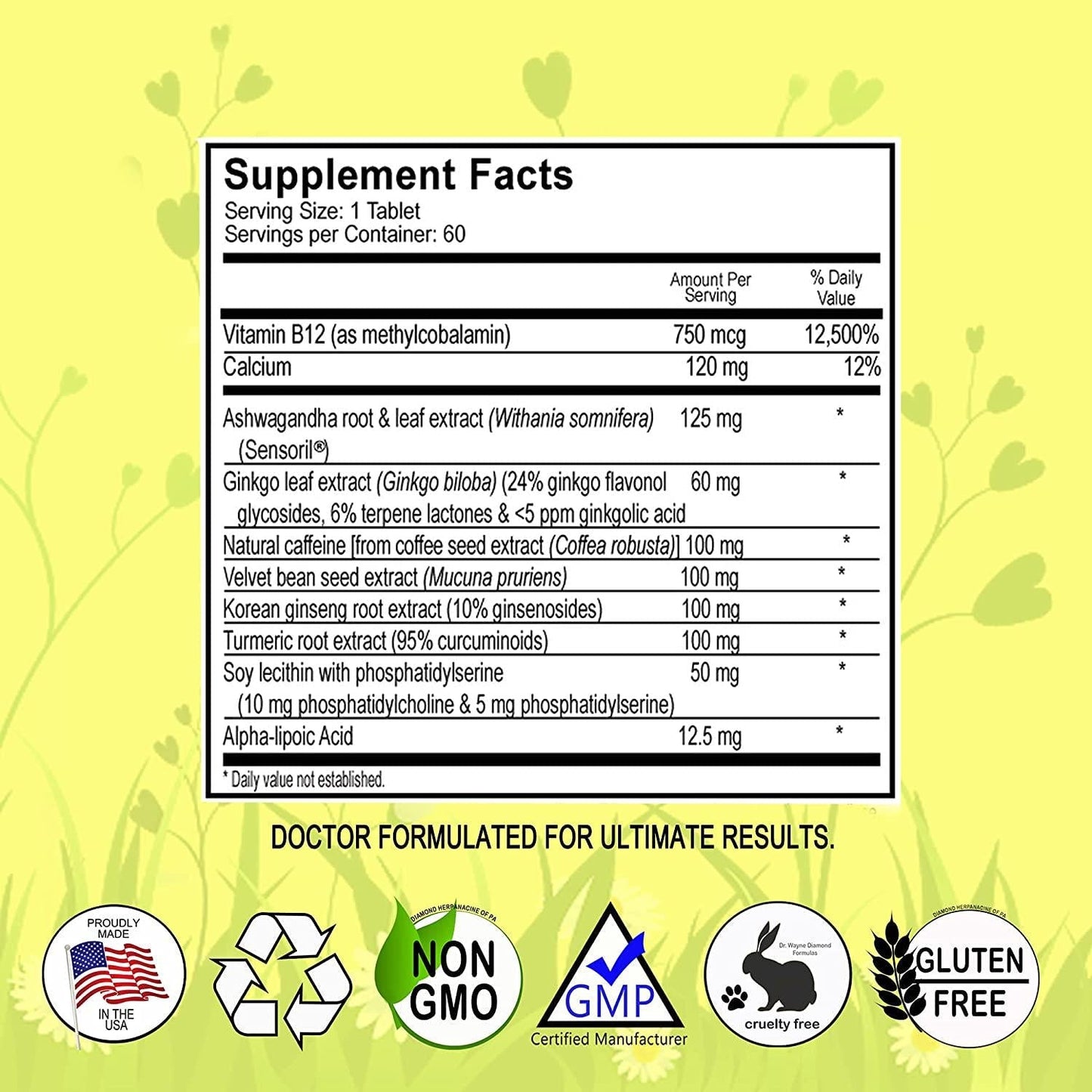 DiamondMIND Brain Support Supplement - Natural Formula to Support Mental Energy and Cognitive Function - Focus, Clarity, and Memory Support Supplement - Vegan, Gluten-Free, Dairy-Free - (60 Count)