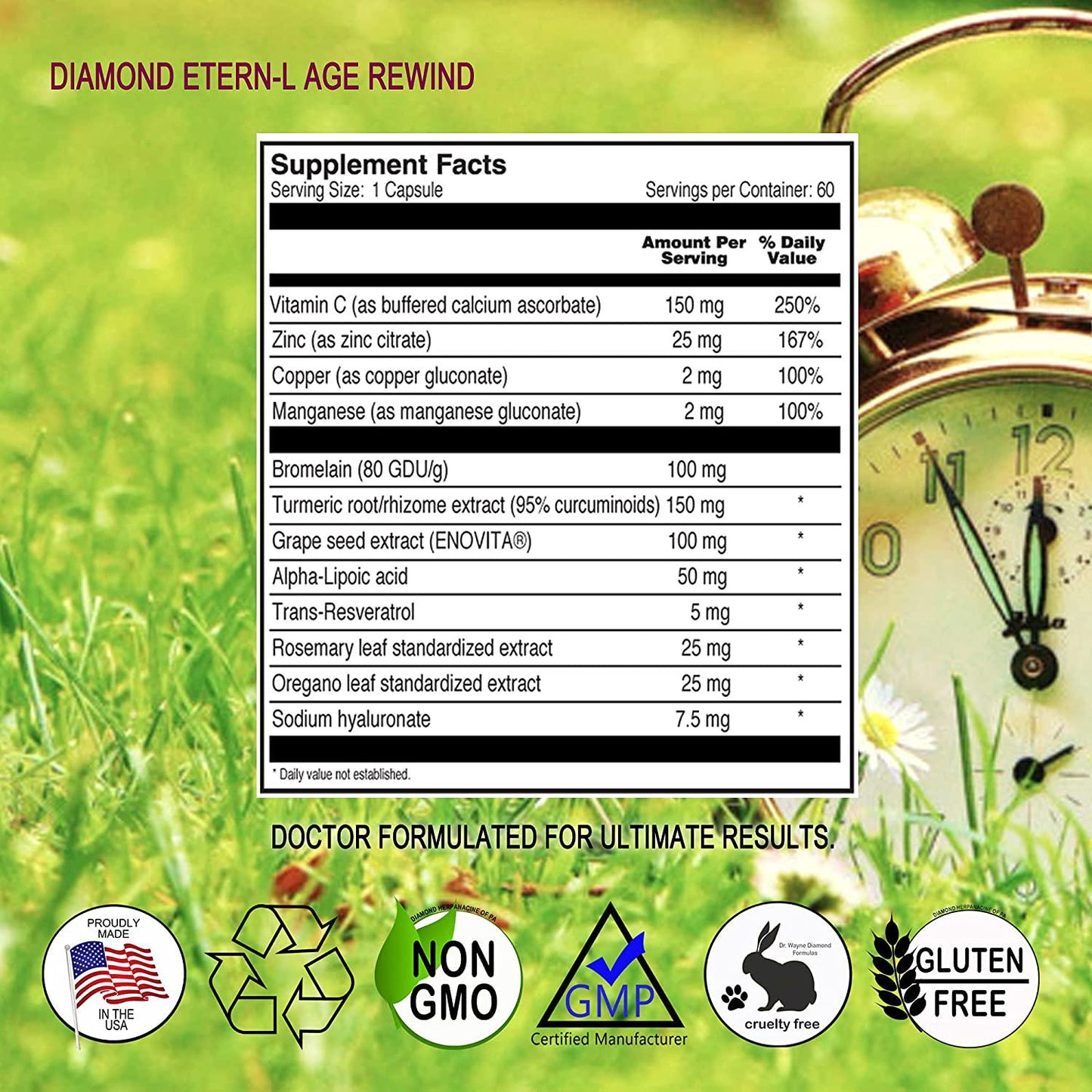 Diamond Etern-L Age Rewind – Anti-Aging Dietary Supplement – Supports Energy Levels and Joint Health – Non-GMO, Gluten Free, Vegan – 60 Capsules