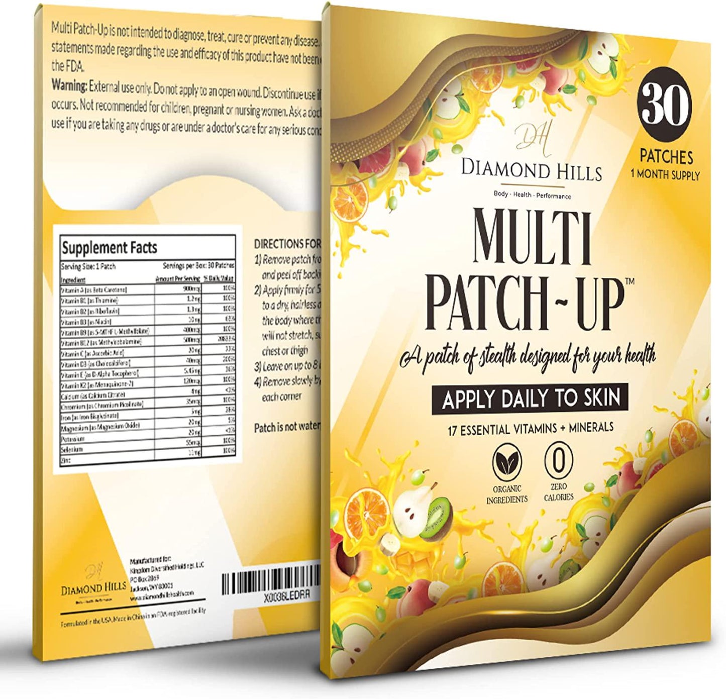 Diamond Hills Multi Patch-Up 30ct Patches Daily Energy, Protection for Sleep, Mood, Immune, Health, Bone Support and Lean Body No Calories and Sugar Free