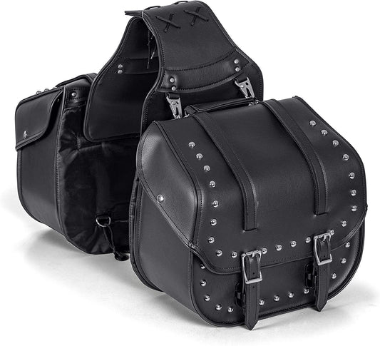 Diamond Plate 2 Piece Motorcycle Saddlebag Set, Heavy Duty Waterproof PVC with Studs, Keep Your Belongings Safe and Dry with Style, Black