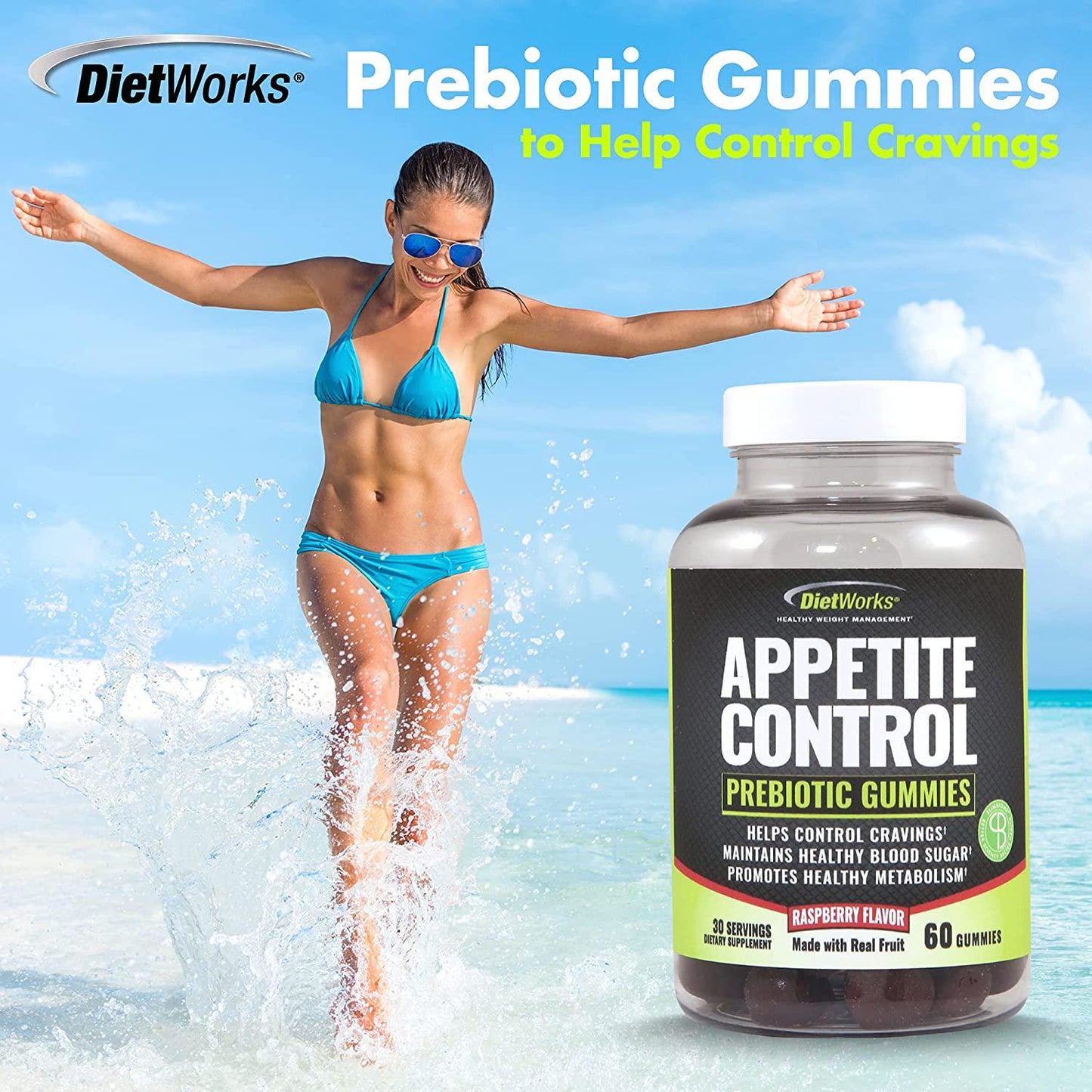 DietWorks Appetite Control Gummies, Suppressant for Weight Loss, Feel Fuller Faster, Raspberry Flavor, Black and Green, 60 Count